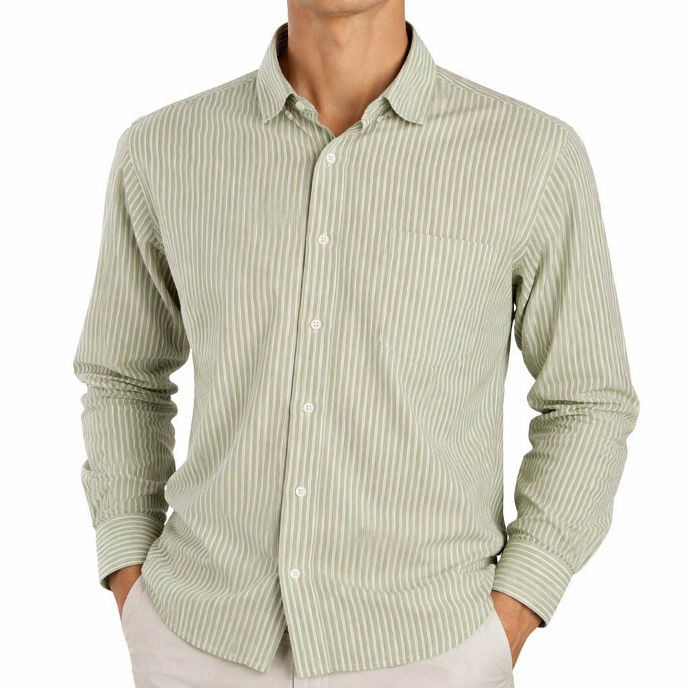 Izod Shirt Large Long Sleeve Pin-Striped Button-Down Olive-Green